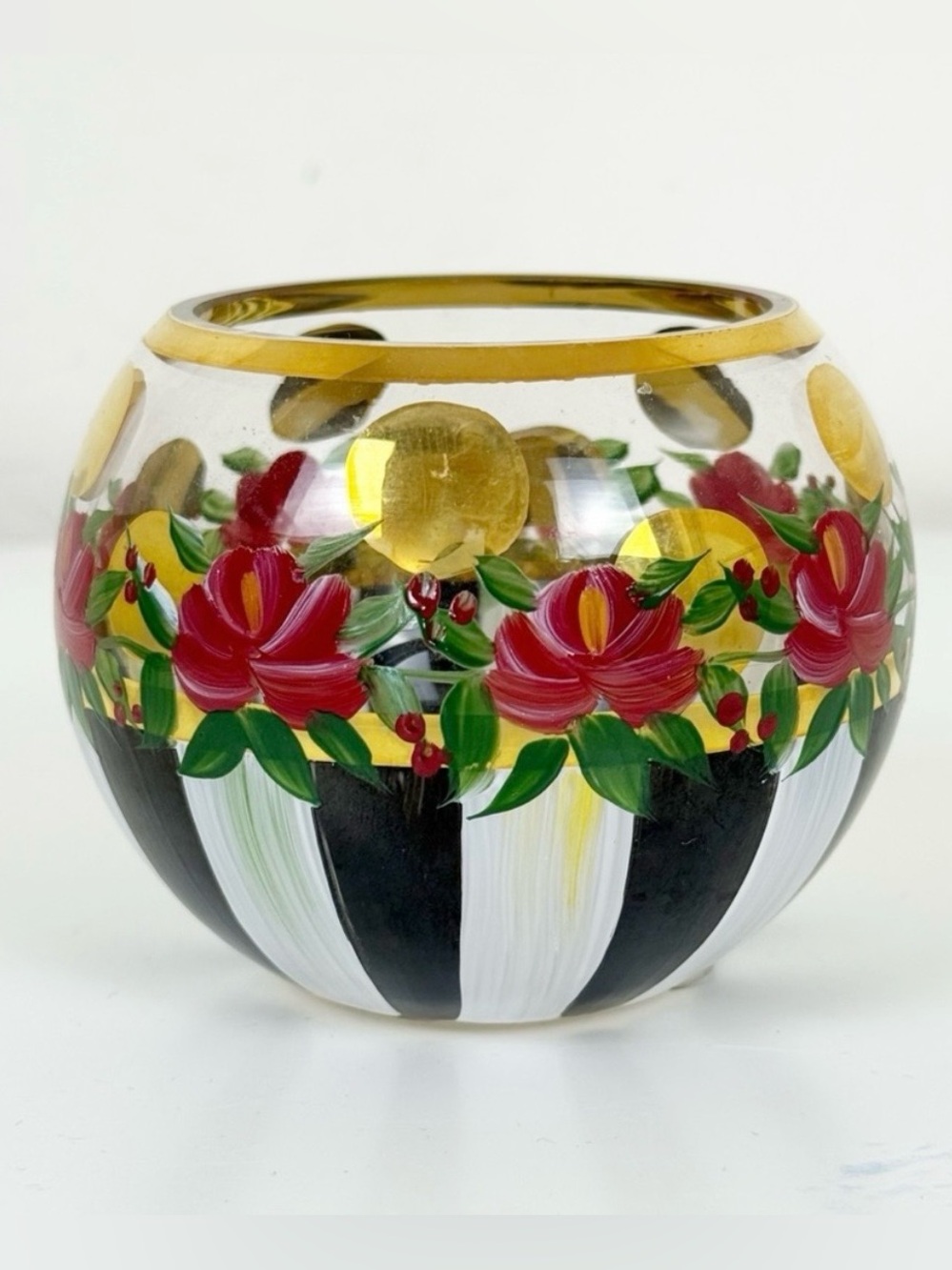 Three Hand-Painted Mackenzie ChildFloral Glass Bowl with Gold Accent